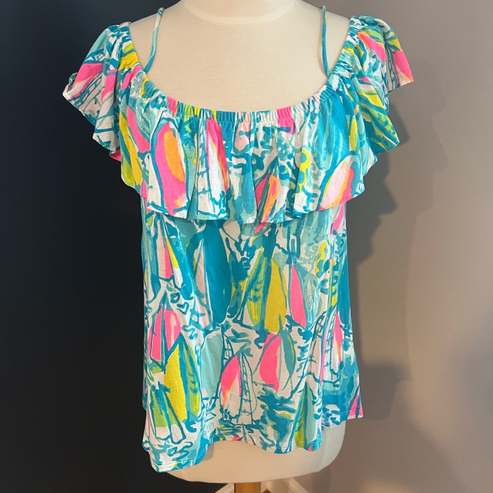 Lilly Pulitzer Turquoise Multi Sailboat Print Off-Shoulder Ruffle Top Size Small